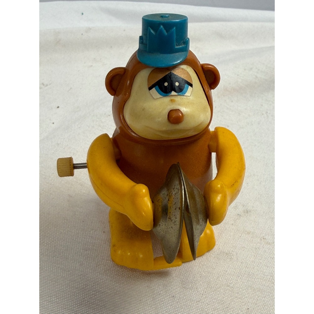 Vintage Tomy Wind Up Monkey Toy with Cymbals Brown Yellow Blue Hat Taiwan